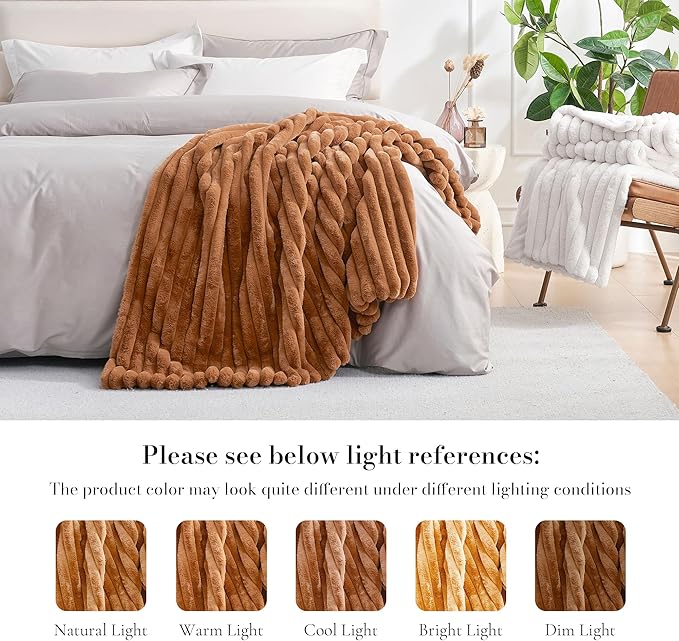 Amélie Home Faux Fur Throw Blanket for Couch, Cozy Fuzzy Fluffy Fur Luxurious Soft Striped Plush Gift Blankets for Family Sofa Chair Bed Living Room Bedroom, 55"x70", Brown