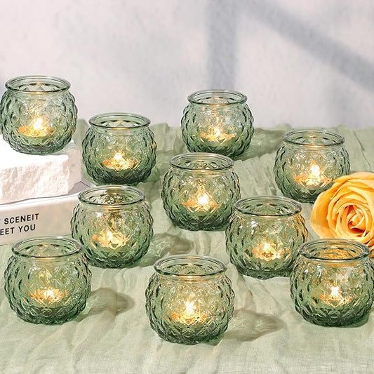 Green Votive Candle Holders Set of 24- Round Glass Candle Holders Bulk for Flameless LED Tea Waxes, Candle Holder for Wedding Shower & Home Table Decor, Various Parties