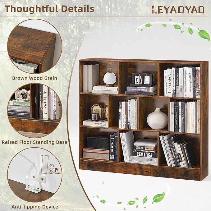 LEYAOYAO 10 Cube Bookshelf with Base,3 Tier Mid-Century Modern Grey Bookcase,Standing Wide Bookshelves Storage Organizer Shelf,Rustic Wood Display Cabinet Book Shelves for Bedroom,Living Room,Office