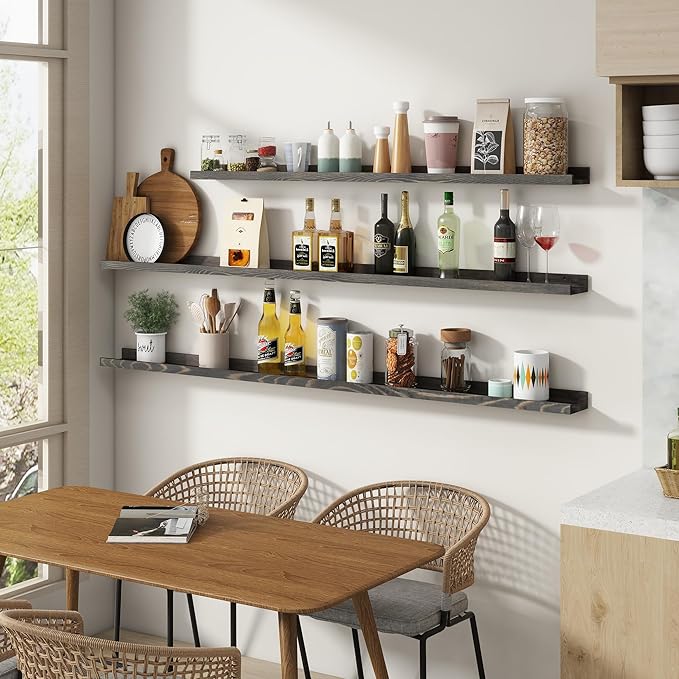 Picture Ledge Shelf, Floating Shelves Set of 2, Solid Pine Wood 72'' Long Large Nursery Book Shelves for Toys Storage, Kids Bookshelf for Living Room Bedroom Decor Books Photo Frames, Grey