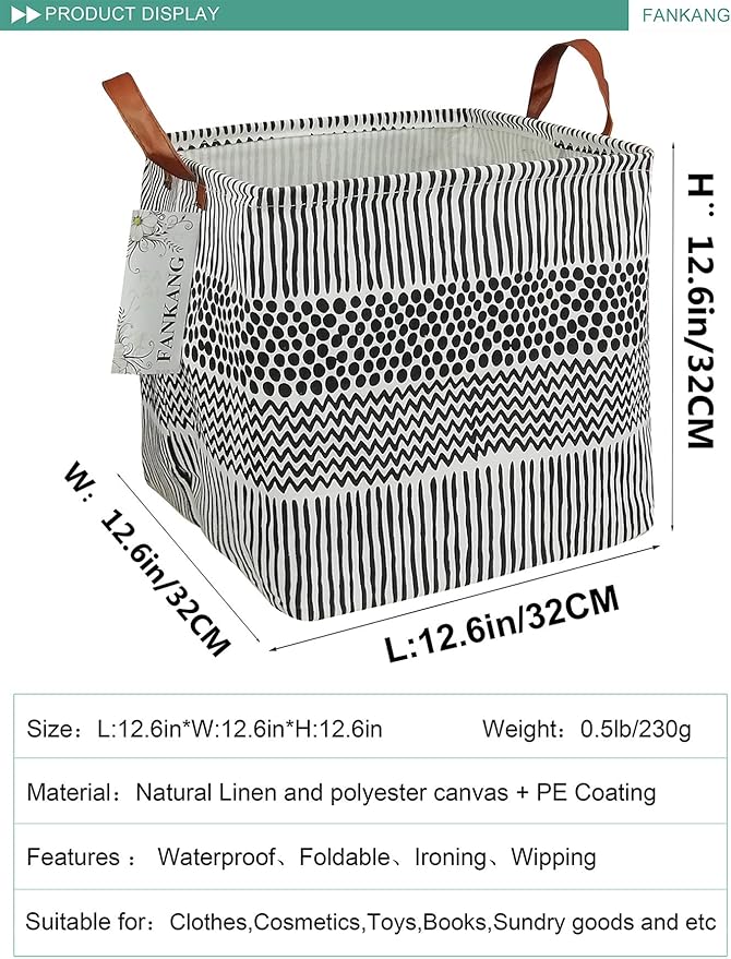 FANKANG Square Nursery Hamper Storage Bins Canvas Laundry Basket Foldable with Waterproof PE Coating Storage Baskets Gift Baskets for Children, Office, Bedroom, Clothes（Square-Black Lines ）