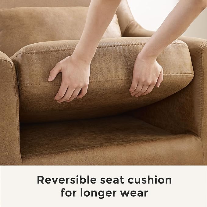 Extra Deep Accent Chair, Comfy Fabric Armchair with Wood Base, Upholstered Single Sofa Chair for Living Room & Bedroom, Faux Leather Brown