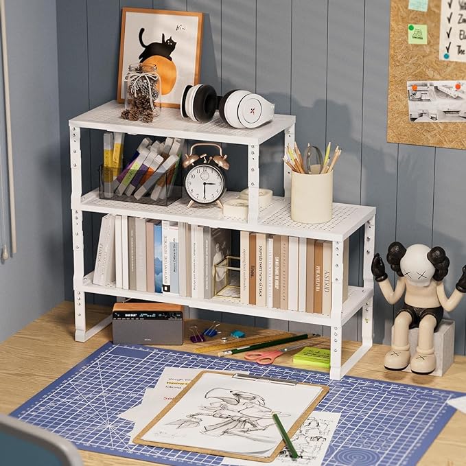 Expandable Spice Rack Kitchen Cabinet Shelf Organizer, Stackable Storage Shelves Racks, Adjustable Counter Shelving for Cabinets, Countertop, Cupboard,Pantry and More(3Packs/White/Large)