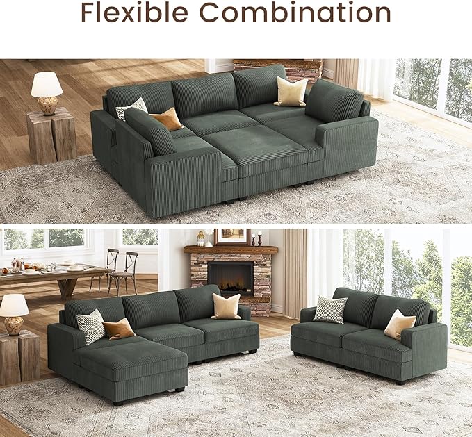 Nolany Modular Sectional Couch with Storage Ottoman, Corduroy Sleeper Sectional Sofa with Chaise, Sectional Couches for Living Room, Green