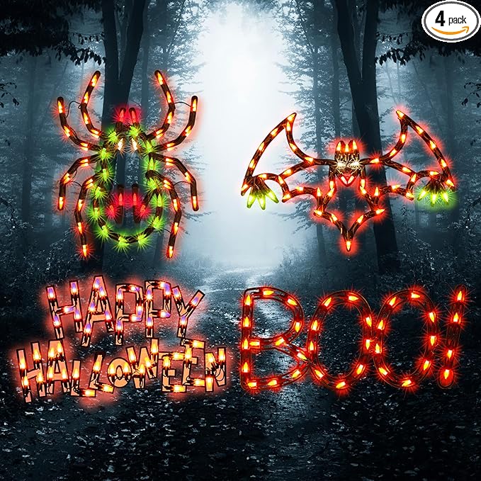 4-Pack Lighted Halloween Window Silhouette Decoration,Hanging Light Up Holiday Ornament( Cobweb,Jack-O-Lantern,Cat,Skull)