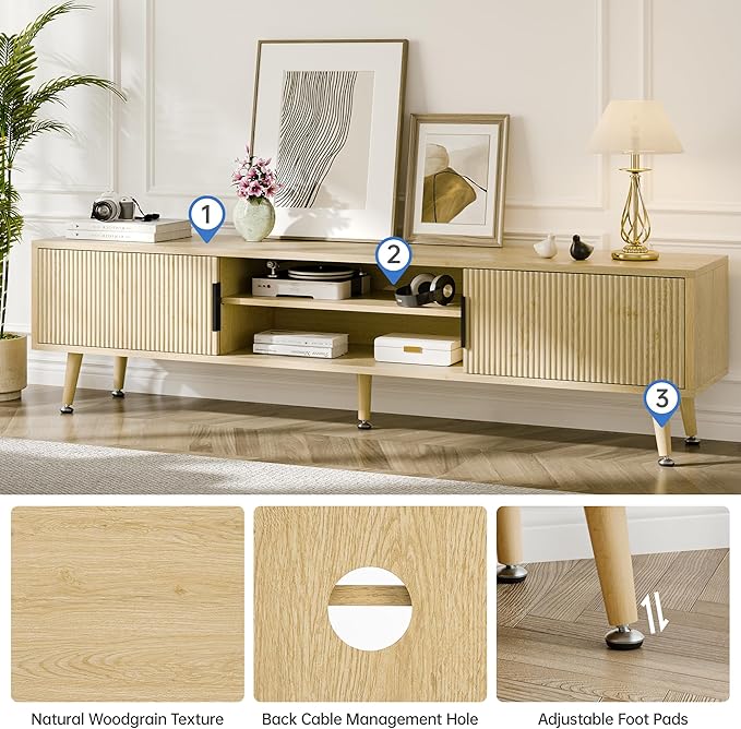 Mid Century TV Stand, Modern TV Console for TVs up to 70 Inches, Entertainment Center with Storage, TV and Media Consol, 62 Inch (Oak)