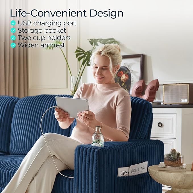 LINSY HOME Sectional Sleeper Sofa with Pull Out Couch Bed - Convertible Plush Corduroy Cloud Couch with Storage Chaise & USB Charging, Comfy Modular Couches for Living Room, Blue