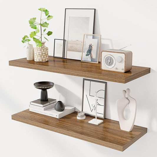 36" Floating Shelves for Wall, 12" Deep Slim Walnut Floating Shelves, Wall-Mounted Shelves for Bedroom, Living Room, Kitchen, Bathroom - Set of 2