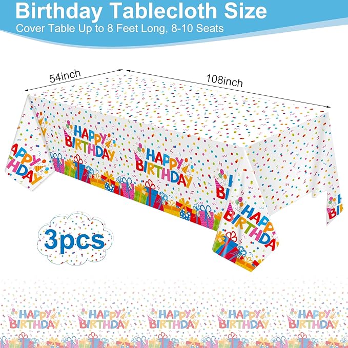3 Pack Plastic Birthday Tablecloth, 54 x 108 Inch Disposable PE Happy Birthday Tablecloth Waterproof Rectangle Birthdays Party Table Cover for Birthdays Party Decorations