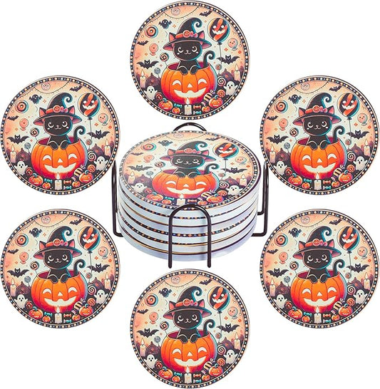 Halloween Ceramic Coasters Set of 6 with Holder – Black Cat in Pumpkin Design – Non-Slip Absorbent Drink Coasters for Halloween Party Decor and Gifts