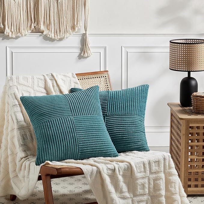 Fancy Homi 2 Packs Teal Euro Decorative Throw Pillow Covers 28x28 Inch for Couch Bed Sofa, Rustic Farmhouse Boho Home Decor, Soft Corss Corduroy Patchwork Textured Square Cushion Case 71x71 cm