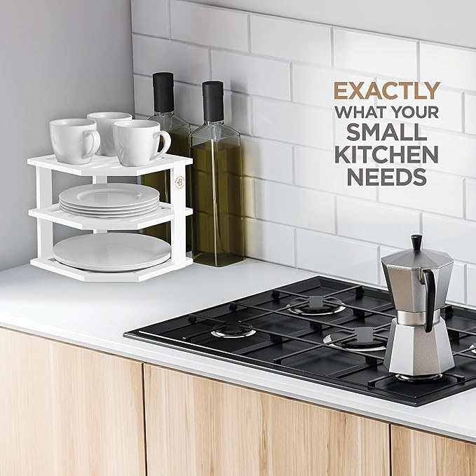 Cabinet Organizer Shelf - Bamboo Corner Rack for Kitchen Counter, Cabinet Space Saver for Plates, Dishes, Bowls, Bread Pantry, Bathroom Storage or Countertop Stand, White