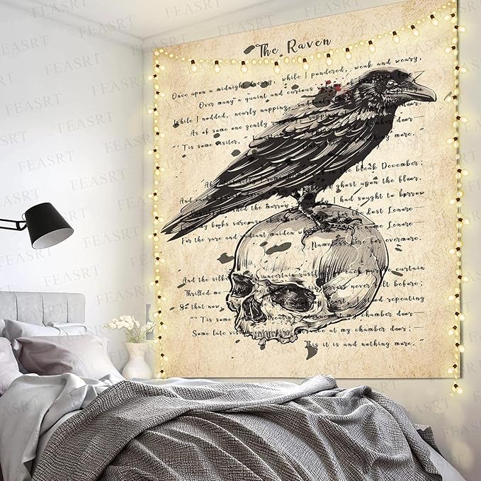 Gothic Skull and Raven Dictionary Tapestry The Raven Wall Tapestry Edgar Allan Poe Rustic Home Room Mural Posters 51x60 Inches for Living Room Bedroom Home Dorm GTQQAY1543