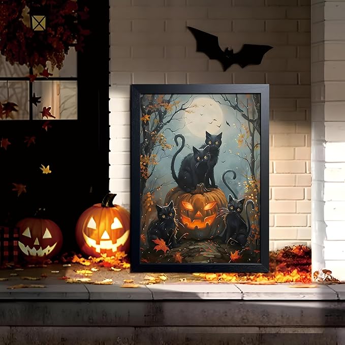 Halloween Black Cat Wall Art, Dark Academia Spooky Pumpkin Poster Wall Decor, Vintage Gothic Witchy Cat Canvas Print, for Bedroom Living Room Aesthetic Decor 16x24 Inch Wood Framed