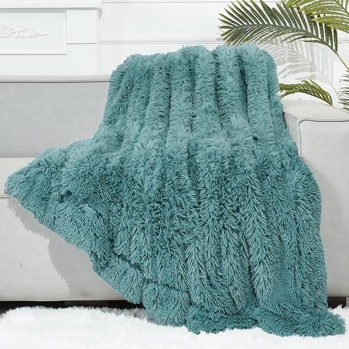 GONAAP Fuzzy Faux Fur Throw Blanket Twin Size Light Teal Super Soft Cozy Plush Fuzzy Shaggy Blanket for Couch Sofa Bed (Light Teal, Twin(60"x80"))