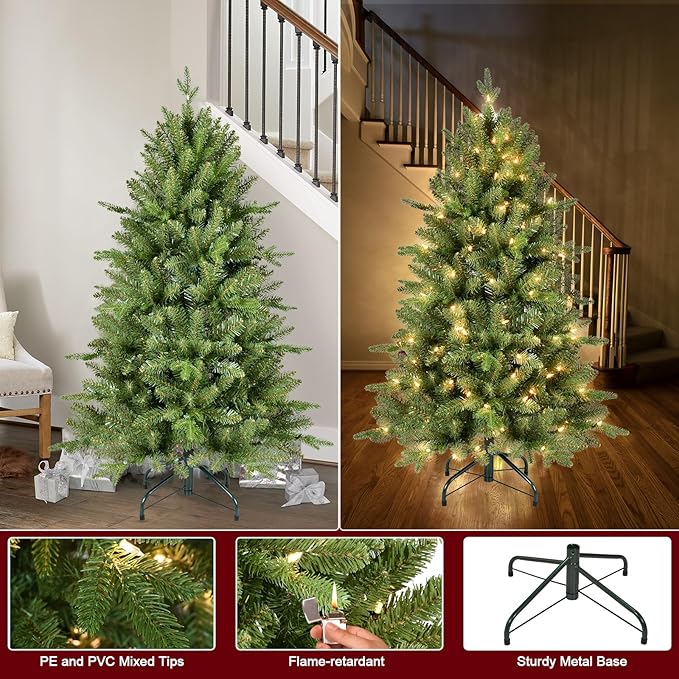 4FT Pre-Lit Artificial Christmas Tree with 628 PE&PVC Mixed Branch Tips, 200 Warm White Lights, Hinged Premium Spruce Fake Xmas Trees, Green, Foldable Base