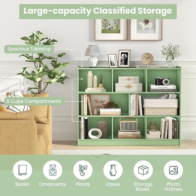 Tangkula 8-Cube Bookcase, Wood 3 Tier Open Storage Bookshelf, Modern Multipurpose Display Cabinet for Living Room, Study, Reading Nook, 48 x 12.5 x 36.5 Inch (Green)
