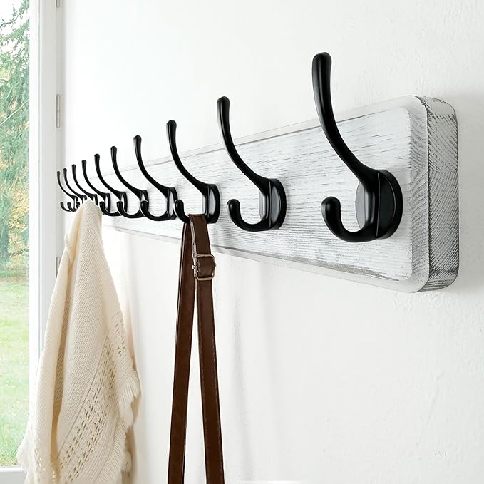 Dseap Wall Mounted Coat Rack: 38-1/4" Long, Patented, Heavy-Duty, 10-Double-Hooks Wooden Hanger Rail for Winter Coats, Hat, Jacket, Clothing - White & Black, Pack of 2