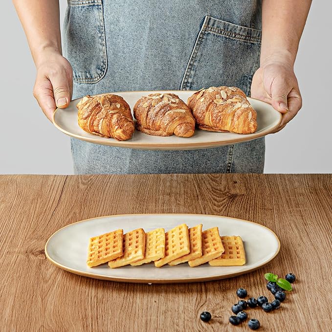 famiware Serving Platter, Oval 15.59/14.3/12.9 inch Serving Dishes for Entertaining, Serving Bowls, Microwave Safe, Stonware Serving Trays for Party, Turkey, Cheese, Ocean Series, Cappuccino White