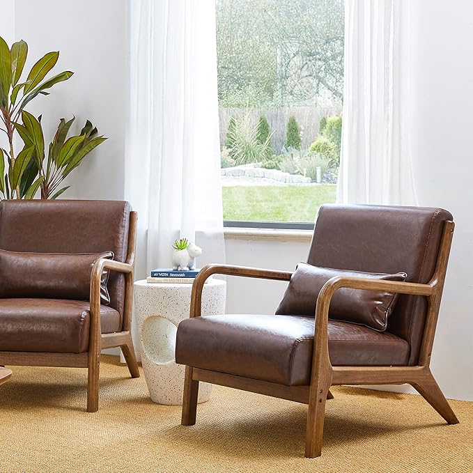 Glitzhome 2 Set Mid Century Coffee Accent Armchair, Single Reading Armchair PU Leather Lounge Chair with Walnut Ruberwood Frame