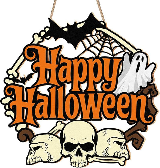 Halloween Door Wreath, Happy Halloween Sign Wooden Ghosts Skulls Bats Halloween Wreaths for Front Door, Halloween Door Decorations Indoor Outdoor Sign