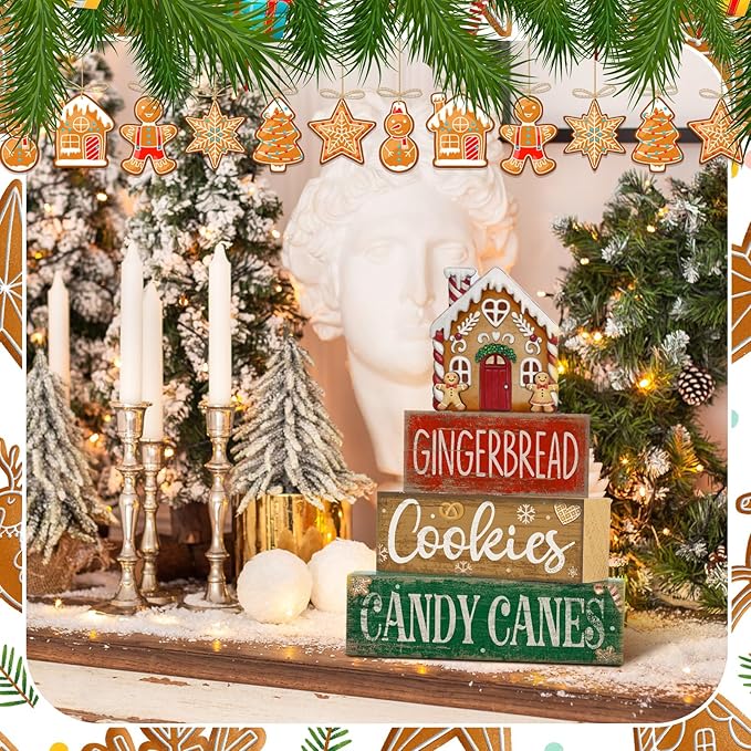 4 Pcs Christmas Table Decoration Wooden Gingerbread House Tiered Tray Decor Wood Rustic Gingerbread Block Signs Christmas Centerpiece Farmhouse for Home Tabletop Kitchen Shelf Party Gift