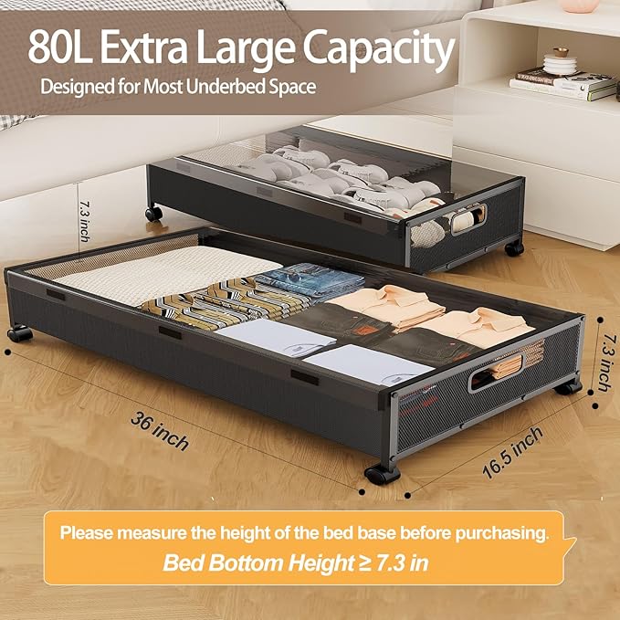 Under Bed Storage Containers with Wheels, 80L Extra-large Underbed Shoe Storage Organizer 2 Pack with Removable Lids, Large Rolling Under Bed Storage Dresser Drawers for Clothes Shoes Blankets