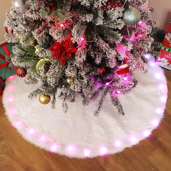 48 Inch Faux Fur Christmas Tree Skirt with Lights Soft Snow White Plush Tree Mat Christmas Decorations Fluffy Tree Skirts Xmas Holiday Party Indoor Decorations