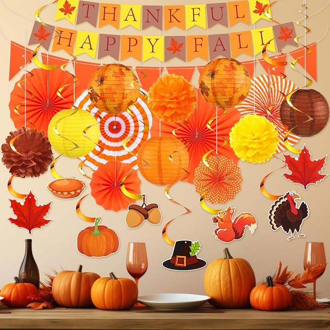28 Pcs Fall Party Decoration Thanksgiving Party Supplies Include Thankful Happy Fall Banner Autumn Paper Lanterns Pom Pom Hanging Fans Bunting Garland Swirl Streamers for Thanksgiving Harvest
