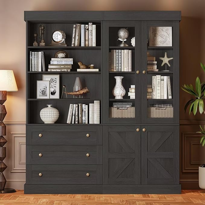 Vyre 71" Tall Farmhouse Bookshelves with Glass Doors and Drawers, Set of 4 – Large Modular Bookcase with Adjustable Shelves, Storage Cabinet for Living Room, Kitchen, Black