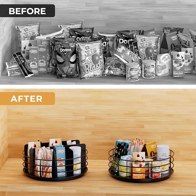 Snack Organizer - Versatile Snack Storage, Lazy Susan with Convenient Grab-and-Go Design, Metal Snack Holder for Home, Office, Breakroom, 10.85" L x 10.85" W x 5" H (Matte Black)