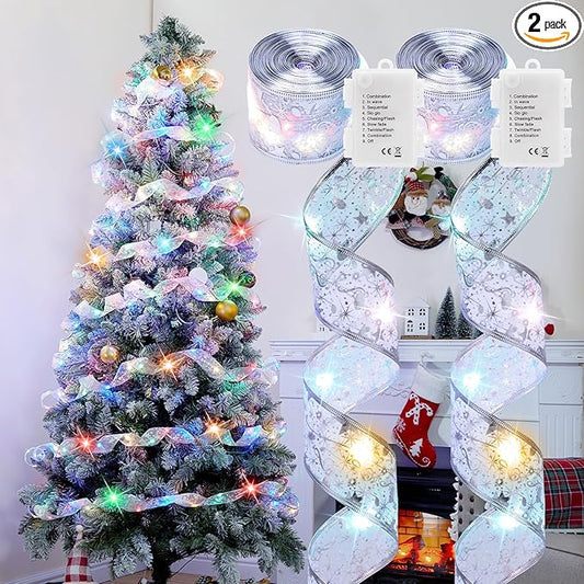 2 Pack Christmas Tree Ribbon String Lights - 33ft 100 LED Battery Powered Fairy Lights with Timer and 8 Lighting Modes, Ribbon Bows Light for 6ft - 8ft Christmas Tree Decor, Silver Ribbon, Multi-color