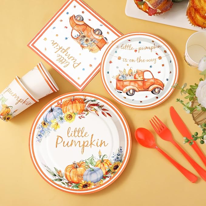 168 Pcs Little Pumpkin Plates and Napkins, Fall Baby Shower Plates and Napkins Sets Serves 24, Little Pumpkin Baby Shower Decorations Boy, Orange Blue Autumn Farm Thanksgiving
