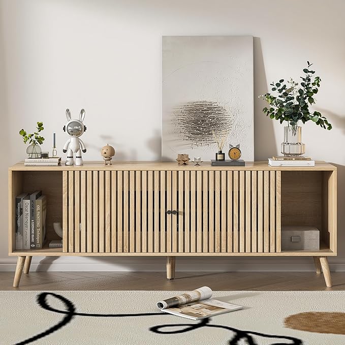 Mid Century Modern TV Stand for Televisions up to 70 Inches, with Sliding Doors and Storage, Television Stands, TV Consoles, Media Consoles for Living Room, 63 Inch (Natural)