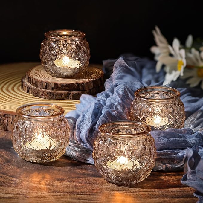 Gold Votive Candle Holders Set of 24- Round Glass Candle Holders Bulk for Table Centerpiece, Tea Lights Candle Holders for Wedding Shower, Party, Home Decor