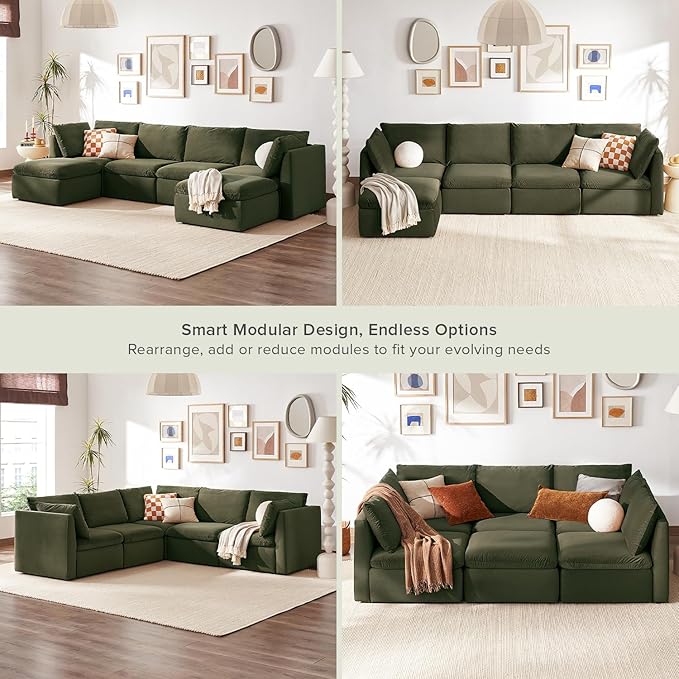 mopio Oversized Modular Sectional Sofa with Fully Removable Covers and Storage, Convertible U, L-Shaped and Sleeper Sectional, Modern Couches with Ottoman Chaise (Olive Green Velvet, 6 Seats, U)