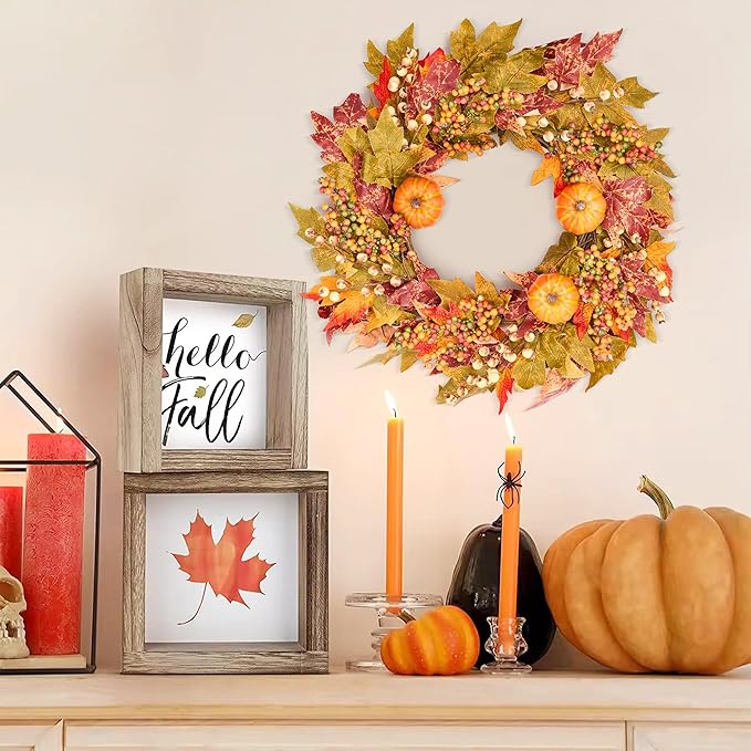 GENMOUS 24 Inch Fall Wreaths for Front Door, Autumn Maple Leaves Wreath for Home Porch Decor, Farmhouse Pumpkin Wreaths for Thanksgiving Halloween Harvest Festival Fall Decoration Outdoor Indoor Home