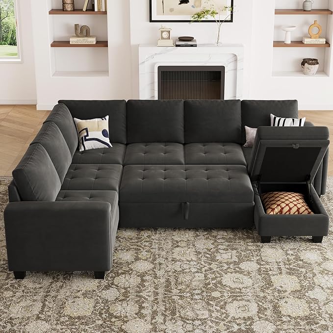 Belffin Modular Sectional Sleeper Sofa with Pull Out Bed U Shaped Sectional Sofa Couch with Storage Ottoman Velvet Covertible 7-Seater Sofa for Living Room Grey