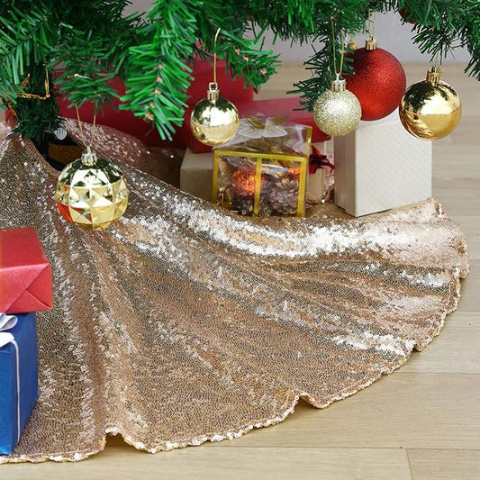 36 Inches Christmas Tree Skirt Champagne Gold Tree Skirt Sequin Glitter Tree Skirt for 4ft Tree Christmas Decoration