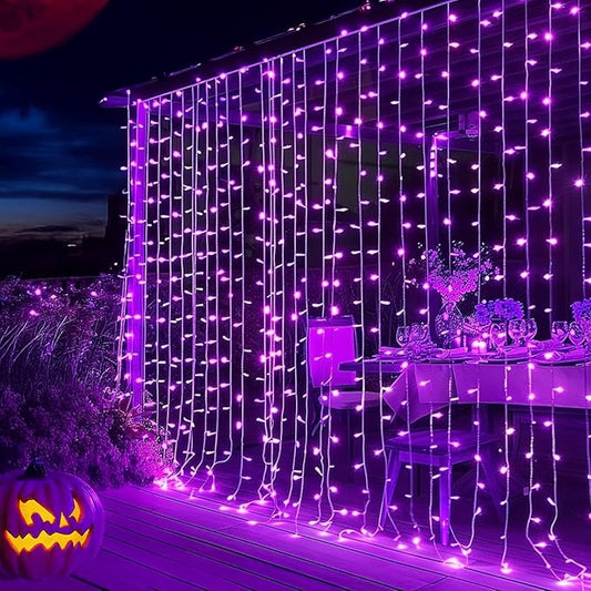 Dazzle Bright 300 LED Curtain String Lights, Halloween Fairy Lights for Bedroom with 8 Lighting Modes, Connectable Waterproof Window Light Party Wedding Garden Wall Decor, Purple