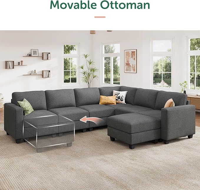 HONBAY Corduroy Sectional Couch with Storage U Shaped Sectional Sofa Modular Sectional Couches for Living Room, Dark Gray