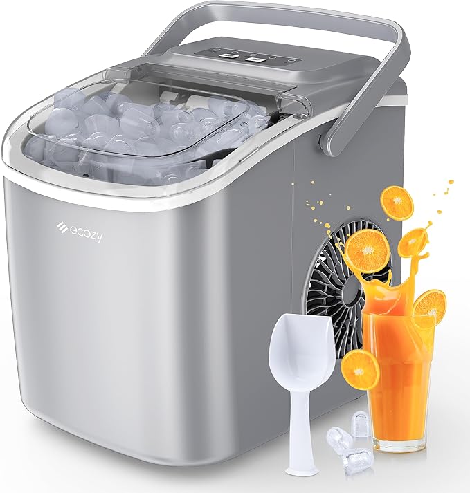 ecozy Portable Ice Maker Countertop, 9 Cubes Ready in 6 Mins, 26lbs in 24Hrs, Self-Cleaning Ice Machine with Handle/Ice Bags/Ice Scoop/Ice Basket, 2 Sizes Bullet Ice for Home Kitchen Office Bar Party
