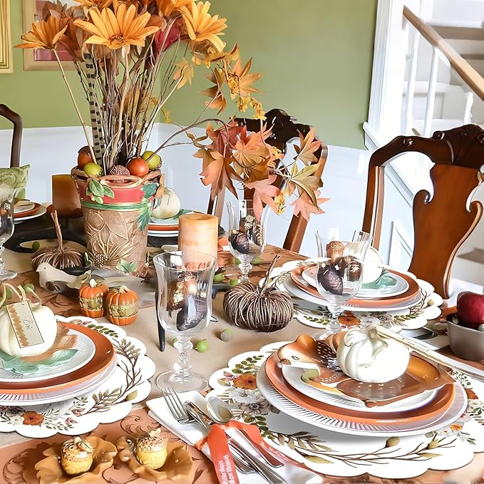 50Pcs Fall Flower Oval Paper Placemats,13.4 Inch Watercolor Pumpkin Leaves Round Table Mats Fall Thanksgiving Scalloped Disposable Placemats for Autumn Thanksgiving Birthday Party Supplies