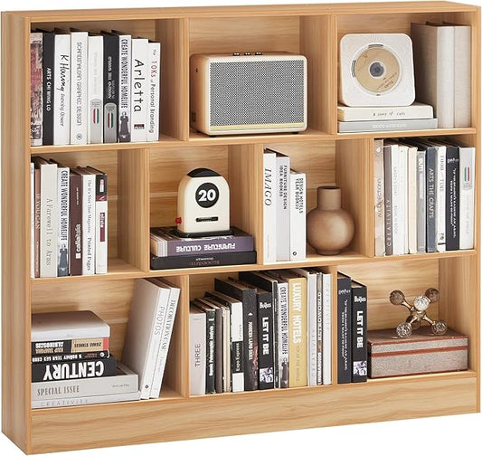 LEYAOYAO 10 Cube Bookshelf with Base,3 Tier Mid-Century Modern Grey Bookcase,Standing Wide Bookshelves Storage Organizer Shelf,Rustic Wood Display Cabinet Book Shelves for Bedroom,Living Room,Office