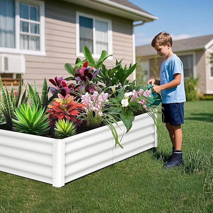 6x3x1ft Large Outdoor Planter Boxes Kit Set of 2, Galvanized Raised Bed Planter with Open-Ended Base Design, Elevated for Outdoor Plants, Durable Raised Bed for Gardening,Beige