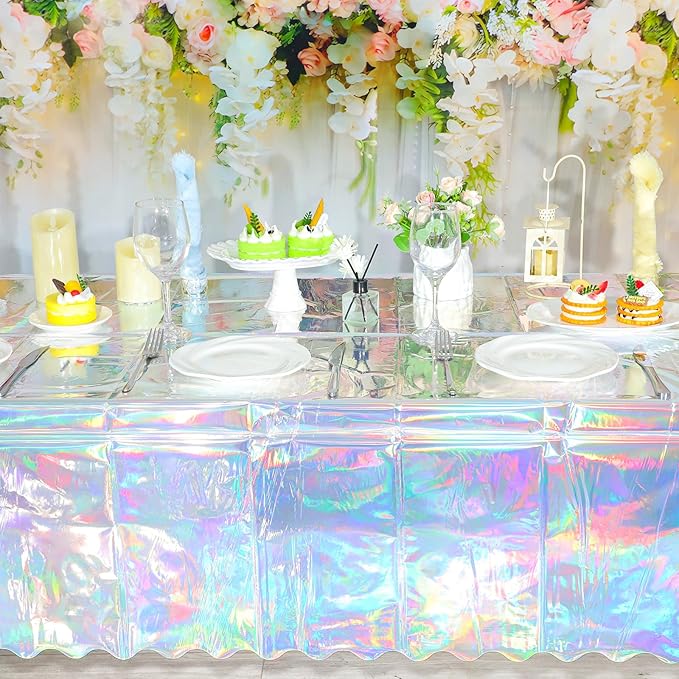 3 Pcs Iridescent Plastic Tablecloth, 54 x 108 Inch Disposable Scalloped Table Covers Waterproof Rectangle Iridescence Table Cloths for Bachelorette Bridal Shower Wedding Birthday Iridescent Decor