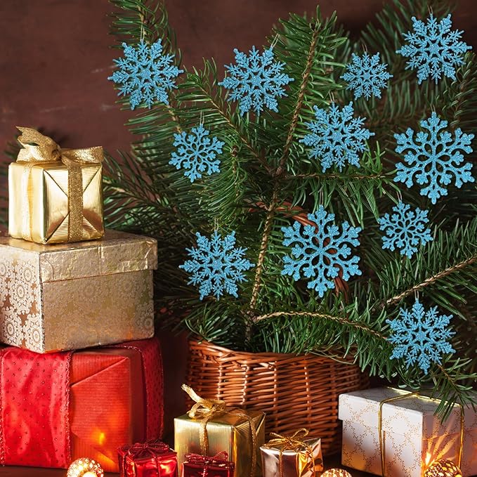 36pcs Christmas Light Blue Snowflake Ornaments Plastic Glitter Snow Flakes Ornaments for Winter Christmas Tree Decorations Size Varies Craft Snowflakes