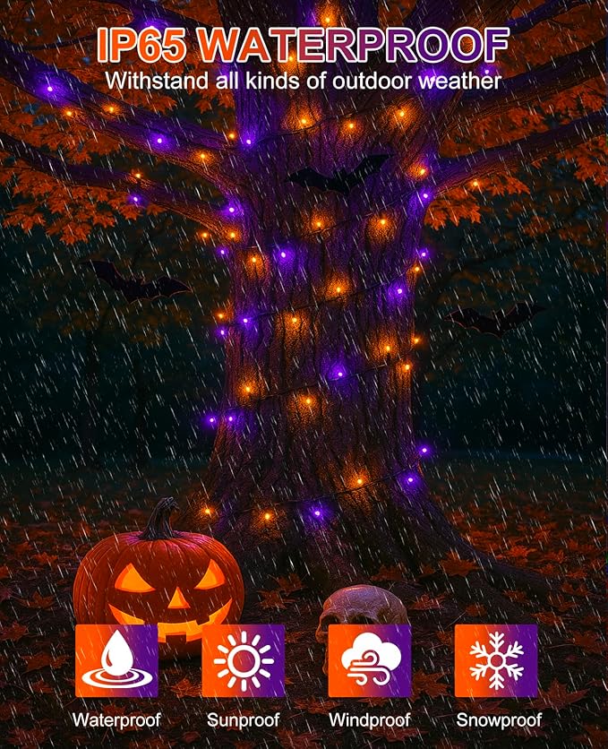 Halloween Lights Outdoor 40FT 120 LED, Green Wire String Lights for Outside Waterproof, 8 Modes Connectable Twinkle Tree Light for Indoor Bedroom Yard Party Holiday Decorations, Purple Orange