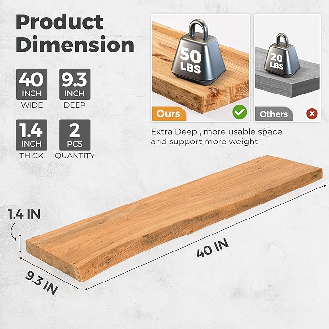 RICHFOCUS Live Edge Elm Floating Shelves - 40" W x 9.3" D Rustic Solid Wood Wall Shelves with Invisible Bracket, Wall-Mounted for Living Room, Bedroom, Kitchen Storage & Display, Set of 2, Natural