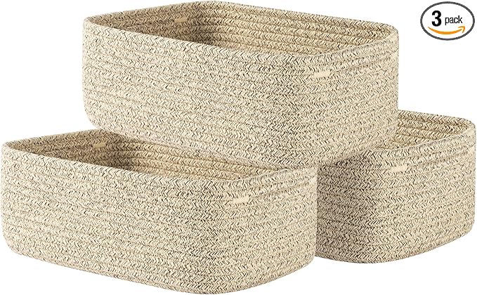 Small Woven Basket, 12 x 8 x 4.5 Inches, Storage Basket for Organizing, Cute Small Rope Shelf Closet Cube Storage Bins Baskets for Shelves, Dog Toy Gift Baskets Empty, 3 Packs, Mixed Brown